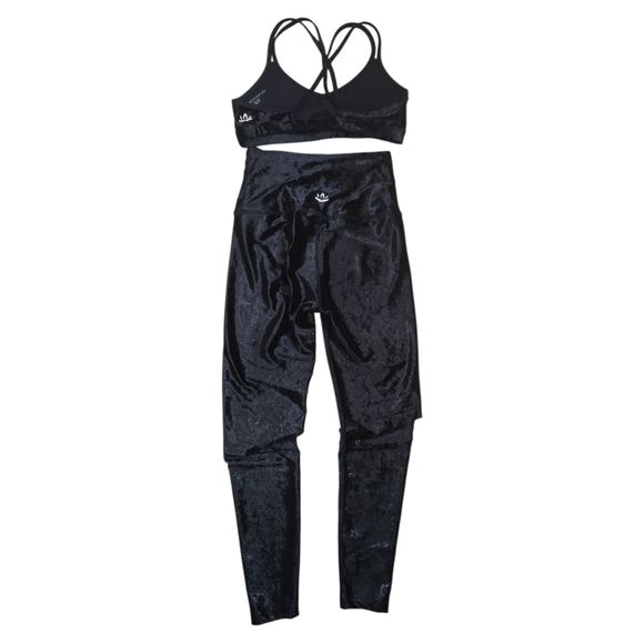 Beyond Yoga Crushed Velvet Velour High Waisted Black Leggings & Bra Set XS/SM - Picture 2 of 6